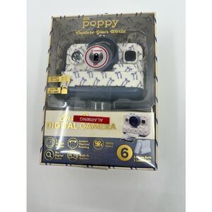 NIB XO Poppy White Digital insta-print Camera with Blue ribbon Accents